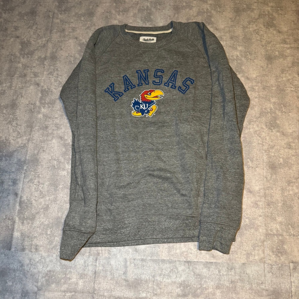 Charlie Hustle Kansas Jayhawks Sweatshirt Mens Medium Gray Crewneck Made in USA